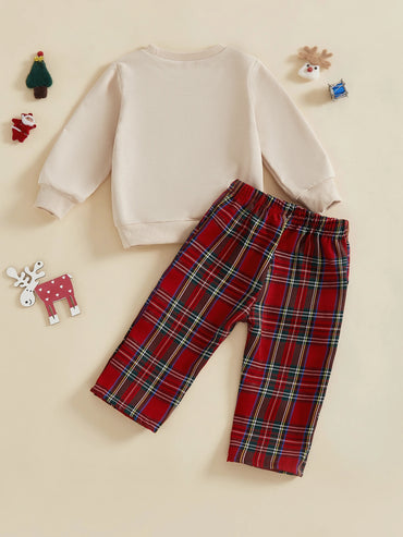 Children s Christmas Outfit Festive Santa Claus Hoodie with Embroidered Sleeves and Matching Plaid Pants Set