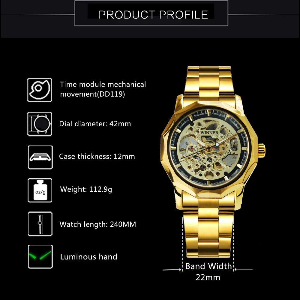 WINNER Luxury Retro Skeleton Automatic Mechanical Watch for Men Luminous Hands Stainless Steel Strap Business Mens Watches Gifts