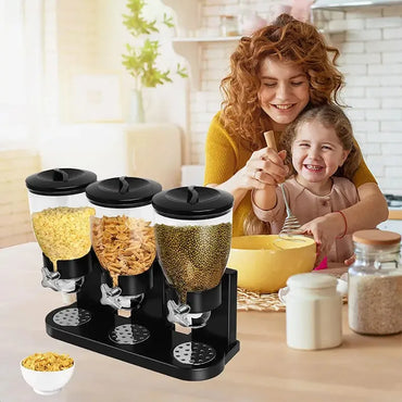 3 Canister Cereal Dispenser, Kitchen Pantry Storage Organizer for Cereal, Rice, snacks, Countertop Space Saving Containers