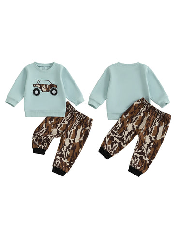 Baby Boy Autumn Clothes Construction Truck Applique Crew Neck Sweater Camo Jogger Pants 2 Piece Outfit Set