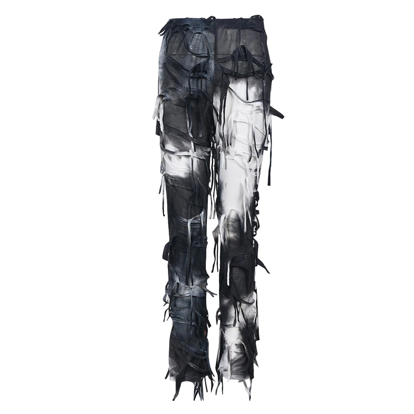 Women s Vintage High Waisted Flare Jeans Pants Retro Tie-Dye Print Bell Bottom Trousers with Fringe Detail for Boho Chic Street
