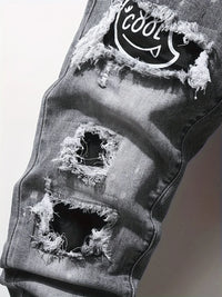Men's slim fit ripped long denim pants, tight jeans with pockets, side straps, and zippers, men's jogging pants, ripped stretch