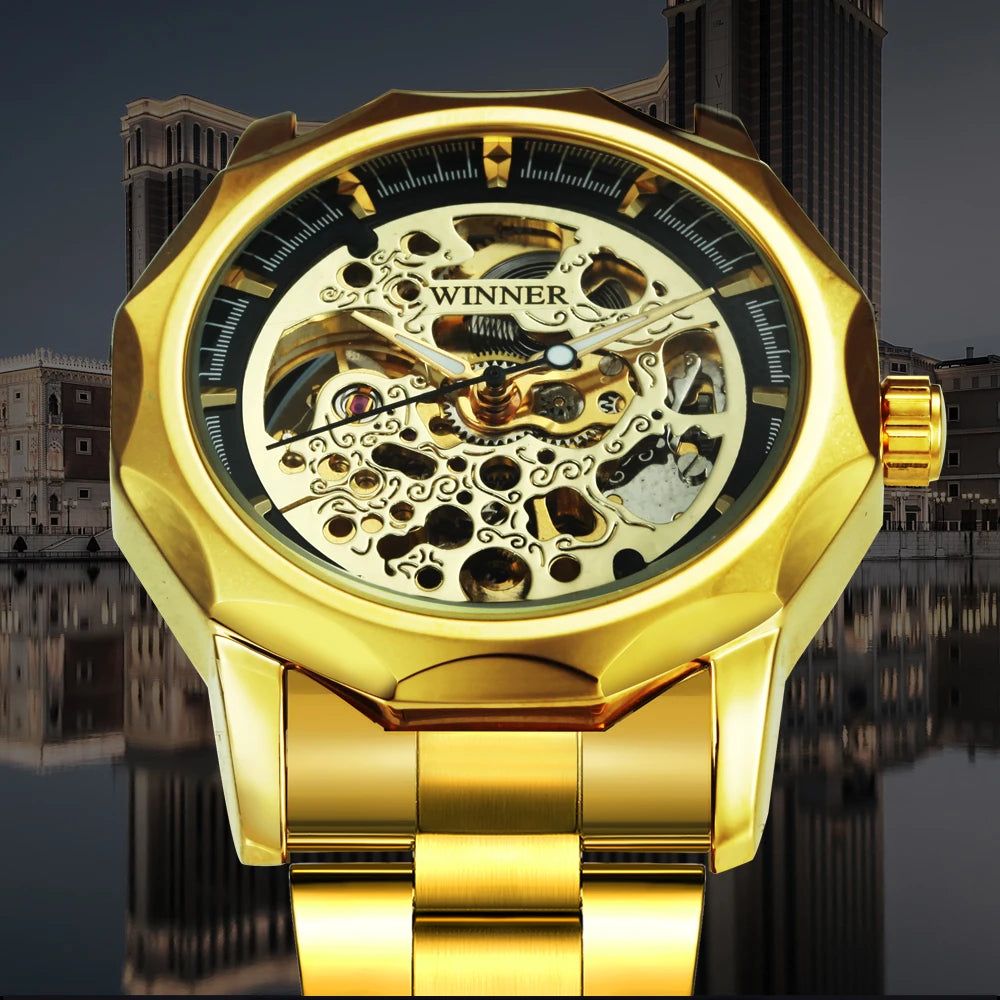 WINNER Luxury Retro Skeleton Automatic Mechanical Watch for Men Luminous Hands Stainless Steel Strap Business Mens Watches Gifts