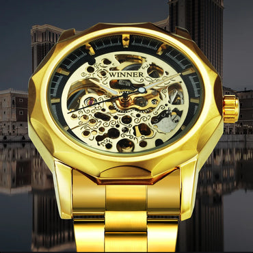 WINNER Luxury Retro Skeleton Automatic Mechanical Watch for Men Luminous Hands Stainless Steel Strap Business Mens Watches Gifts