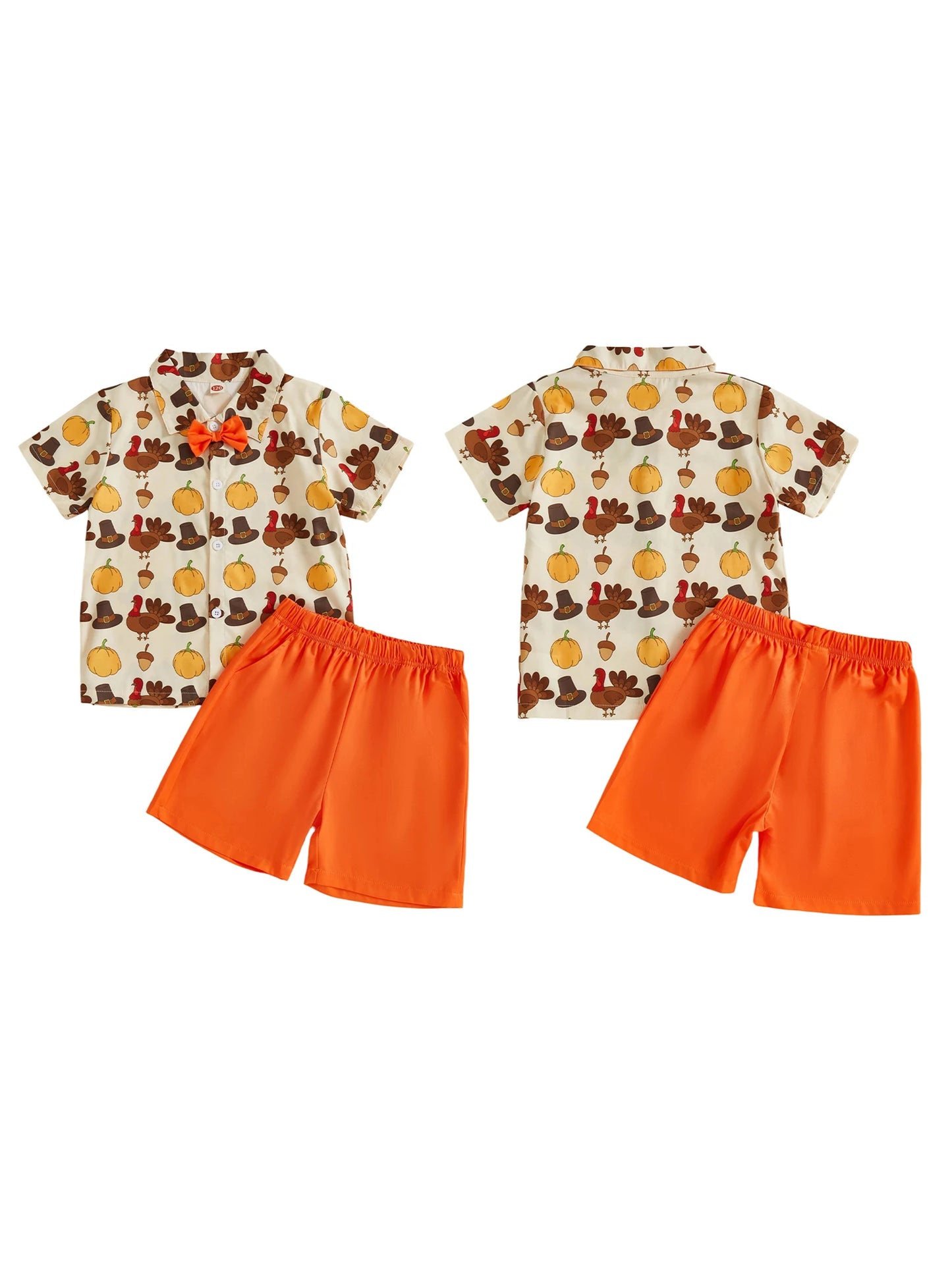 Baby Boys Thanksgiving Outfit Set Turkey and Pumpkin Print Long Sleeve Lapel Shirt Solid Shorts 2 Piece Clothes Set