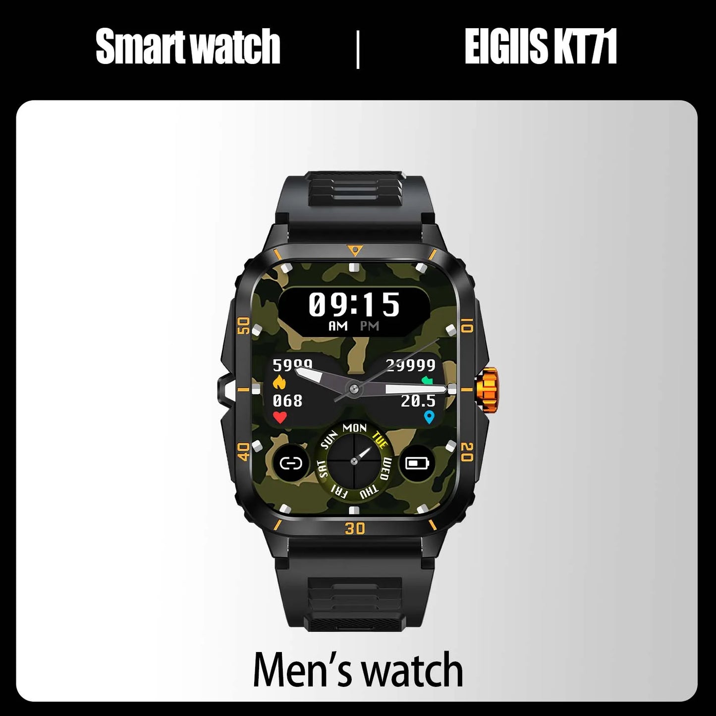 EIGIIS Smart Watch 3ATM Waterproof 1.96" IPS Screen Military KT71 Men 100+ Sport Mode Heart Rate Blood Pressure Bluetooth Call