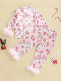 Children s Girls Holiday Pajama Set Festive Reindeer Print Long Sleeve Shirt with Cozy Elastic Waist Pants for Sleepwear
