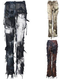 Women s Vintage High Waisted Flare Jeans Pants Retro Tie-Dye Print Bell Bottom Trousers with Fringe Detail for Boho Chic Street