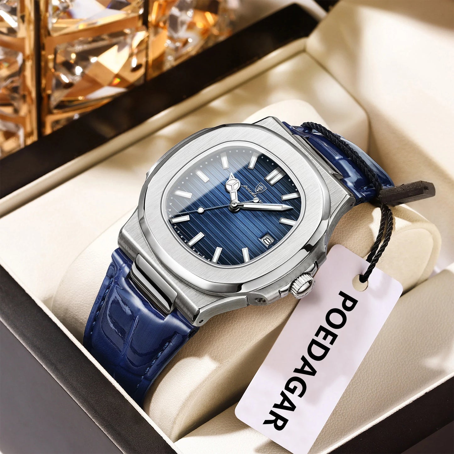 POEDAGAR Luxury Square Watch For Men Date Waterproof Luminous Quartz Business Man Wristwatch Leather Fashion Brand Men's Watches