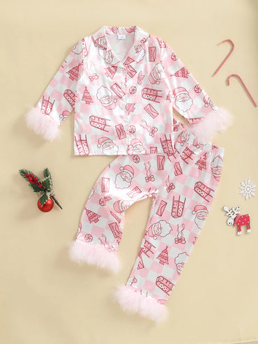 Children s Girls Holiday Pajama Set Festive Reindeer Print Long Sleeve Shirt with Cozy Elastic Waist Pants for Sleepwear