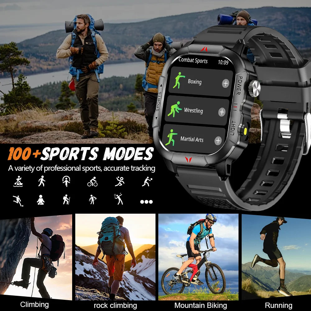 LAXASFIT 2025 New Men Smart Watch LED Flashlight BT Call 100+ Sports Modes Health Monitoring IP68 Waterproof Outdoor Smart Watch