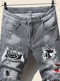 Men's slim fit ripped long denim pants, tight jeans with pockets, side straps, and zippers, men's jogging pants, ripped stretch