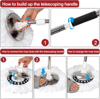 360° Spin Mop Bucket Sets with Wring System in 3 Microfiber Heads, Stainless Steel Basket 61" Extended Handle Floor Cleaning