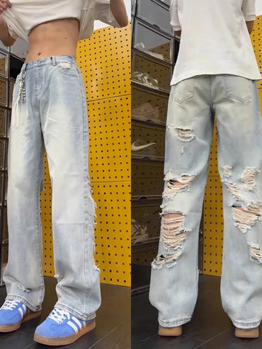 Ripped jeans with big holes on the back for men 2025 summer vacation wear new beggar pants loose flared wide-leg pants