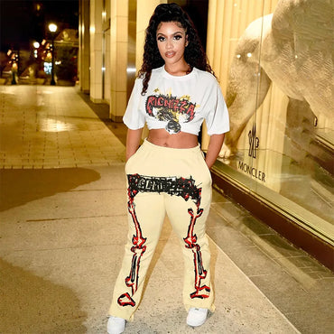 2025 Fall Winter Printed Wide Leg Pants - Fashion Placement Design Pocket Trousers Club outfits for women 2025