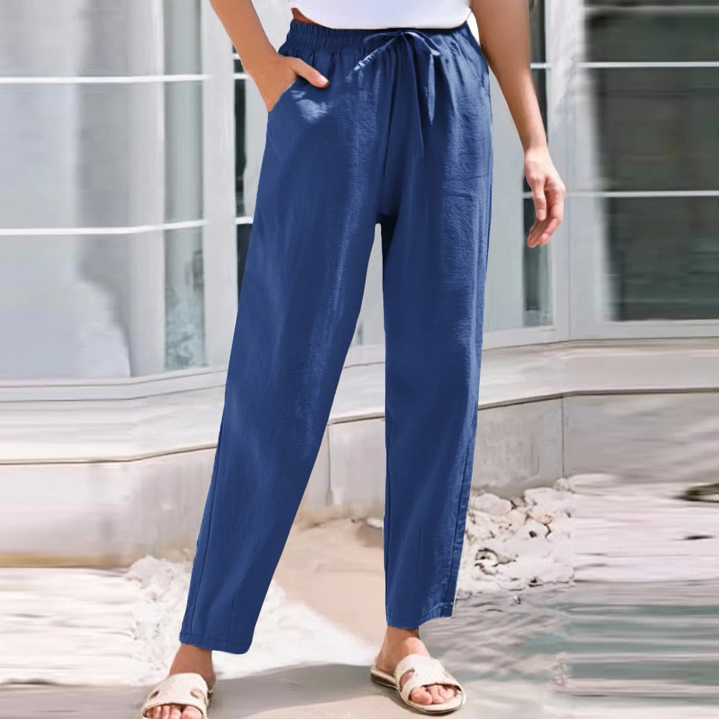 Women Cropped Pants Cotton Linen Baggy Trousers Drawstring Elastic Waist Pantalones Korean Fashion Solid Straight Pants штаны