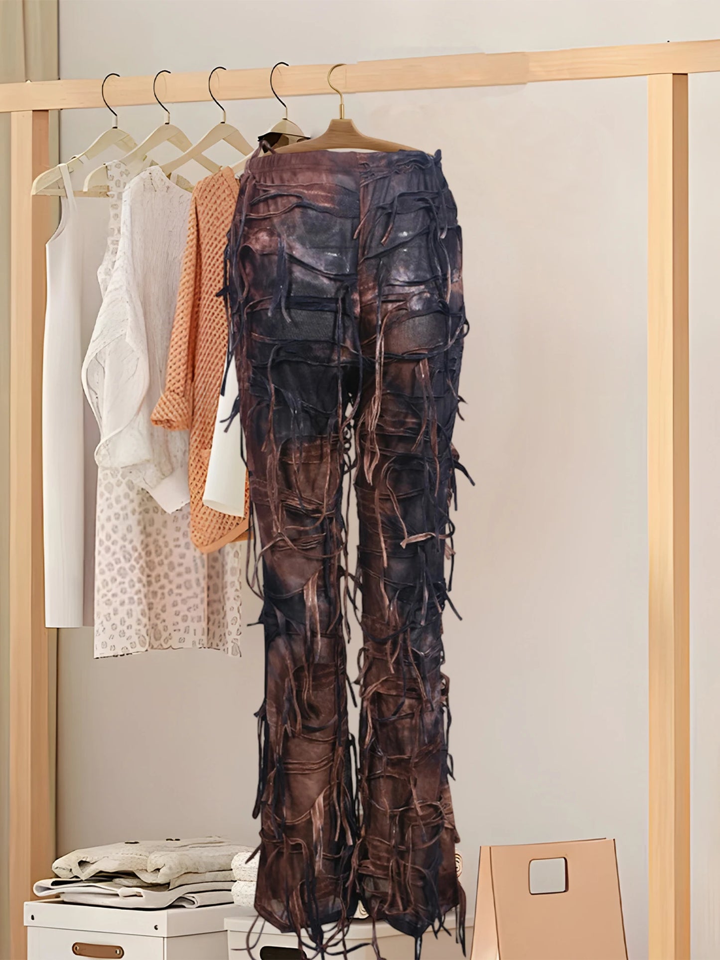 Women s Vintage High Waisted Flare Jeans Pants Retro Tie-Dye Print Bell Bottom Trousers with Fringe Detail for Boho Chic Street