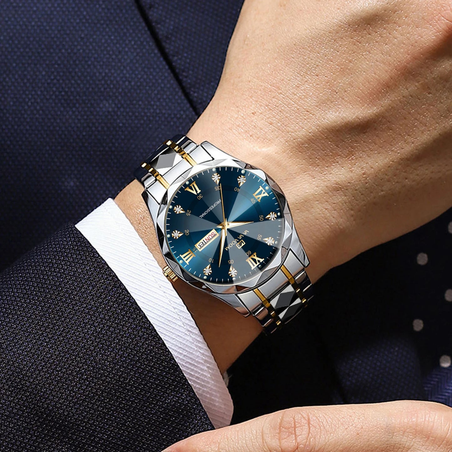 Men Watch Water Diamond Luxury Night Glow Double Calendar Quartz Movement 41mm Blue Gold Stainless Steel Fashion Business Watch