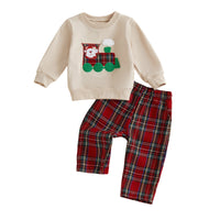 Children s Christmas Outfit Festive Santa Claus Hoodie with Embroidered Sleeves and Matching Plaid Pants Set