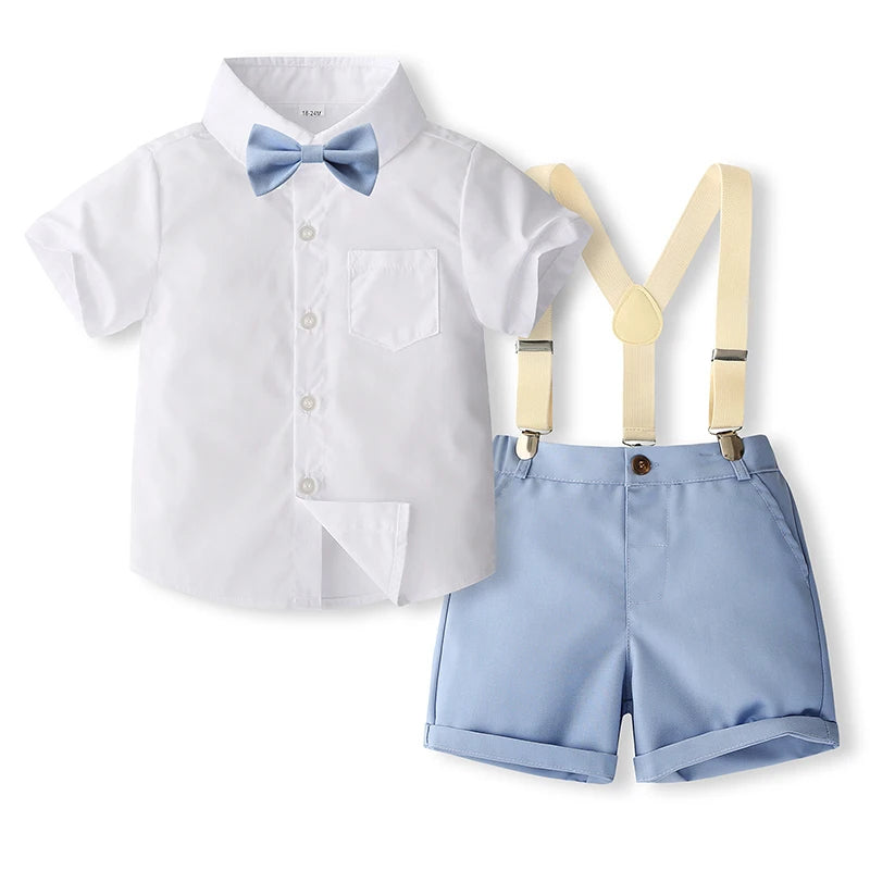Toddler Boys Summer Outfits Solid Color Bowtie Short Sleeve Shirts Tops Suspender Shorts 2Pcs Gentleman Clothes Set