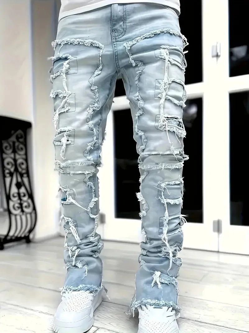 Y2k hip-hop style fringed jeans, men's casual street style stretch jeans