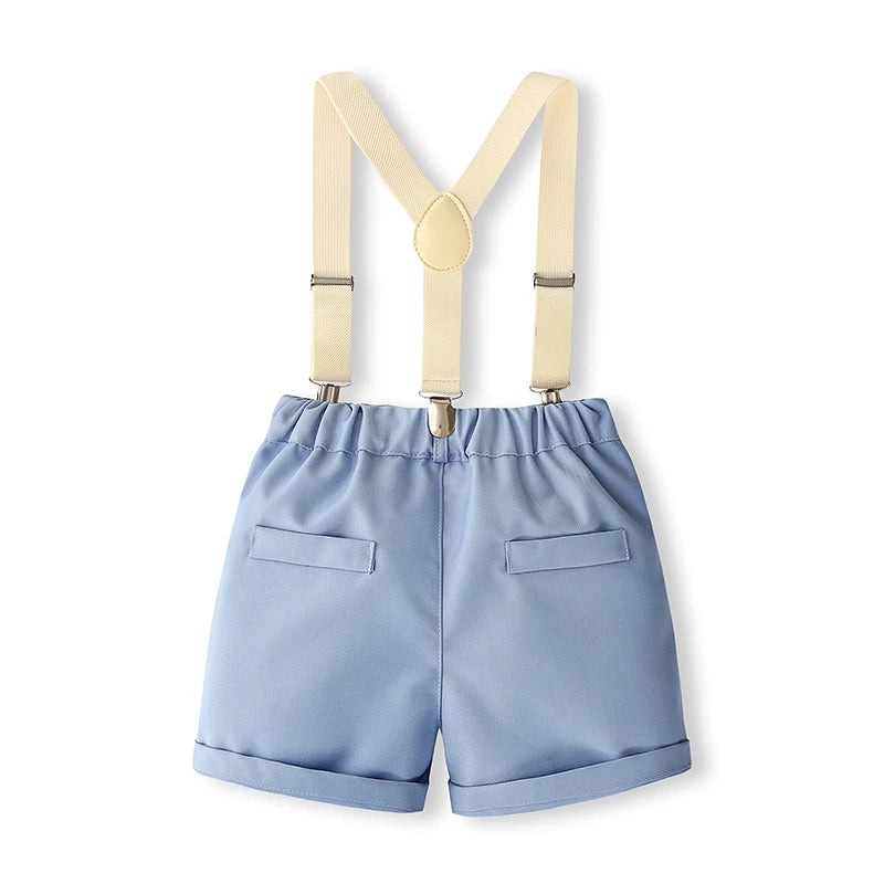 Toddler Boys Summer Outfits Solid Color Bowtie Short Sleeve Shirts Tops Suspender Shorts 2Pcs Gentleman Clothes Set