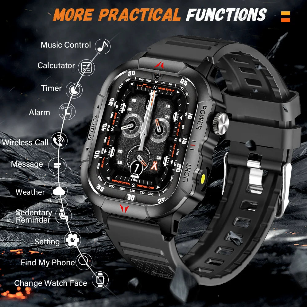 LAXASFIT 2025 New Men Smart Watch LED Flashlight BT Call 100+ Sports Modes Health Monitoring IP68 Waterproof Outdoor Smart Watch