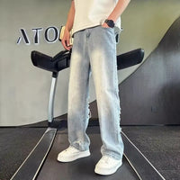 Ripped jeans with big holes on the back for men 2025 summer vacation wear new beggar pants loose flared wide-leg pants