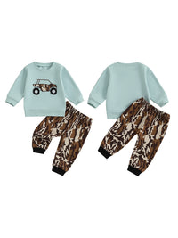 Baby Boy Autumn Clothes Construction Truck Applique Crew Neck Sweater Camo Jogger Pants 2 Piece Outfit Set