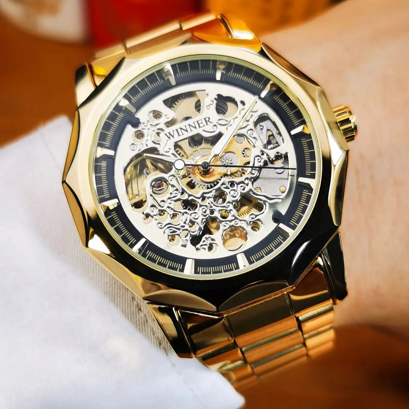 WINNER Luxury Retro Skeleton Automatic Mechanical Watch for Men Luminous Hands Stainless Steel Strap Business Mens Watches Gifts