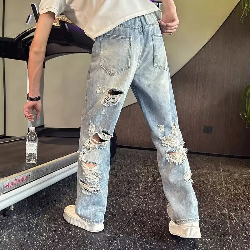 Ripped jeans with big holes on the back for men 2025 summer vacation wear new beggar pants loose flared wide-leg pants