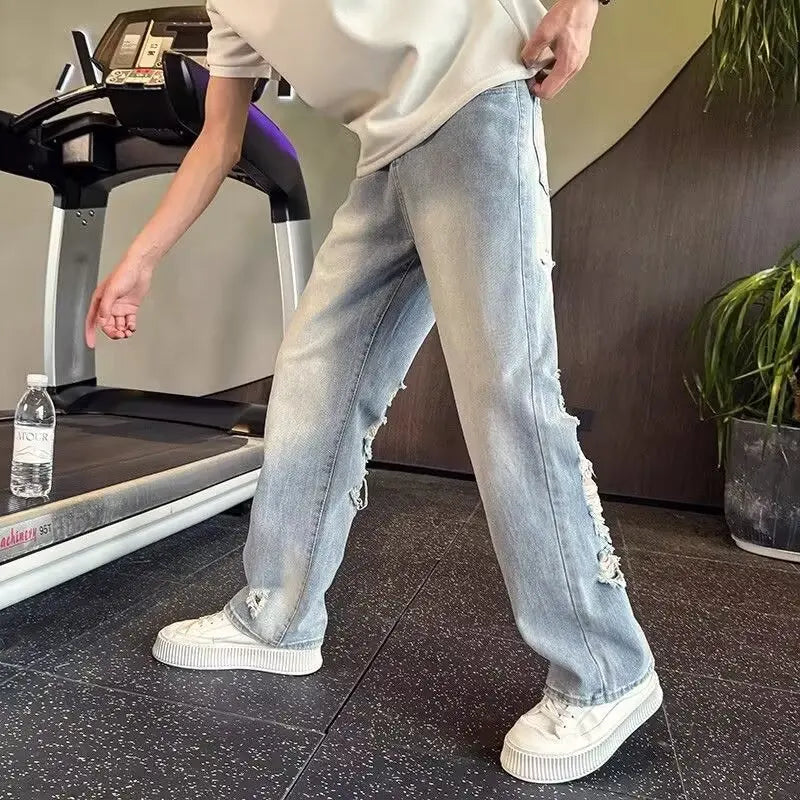 Ripped jeans with big holes on the back for men 2025 summer vacation wear new beggar pants loose flared wide-leg pants