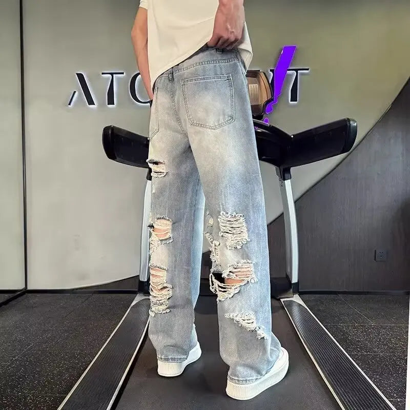 Ripped jeans with big holes on the back for men 2025 summer vacation wear new beggar pants loose flared wide-leg pants