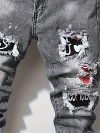 Men's slim fit ripped long denim pants, tight jeans with pockets, side straps, and zippers, men's jogging pants, ripped stretch