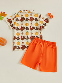 Baby Boys Thanksgiving Outfit Set Turkey and Pumpkin Print Long Sleeve Lapel Shirt Solid Shorts 2 Piece Clothes Set