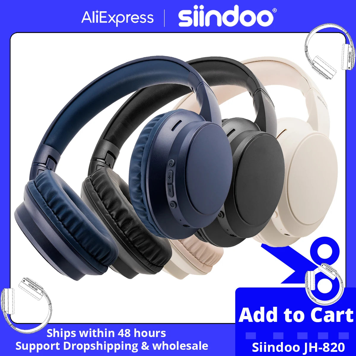 Siindoo JH-820 Wireless Bluetooth Headphones, 60H Playtime,3 EQ Sound Modes,Foldable Lightweight Bluetooth 5.4 for Travel Study
