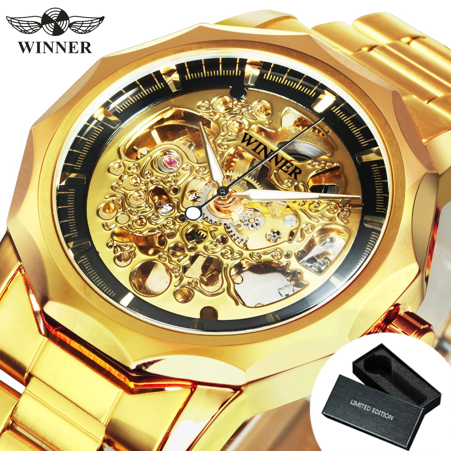 WINNER Luxury Retro Skeleton Automatic Mechanical Watch for Men Luminous Hands Stainless Steel Strap Business Mens Watches Gifts