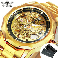 WINNER Luxury Retro Skeleton Automatic Mechanical Watch for Men Luminous Hands Stainless Steel Strap Business Mens Watches Gifts