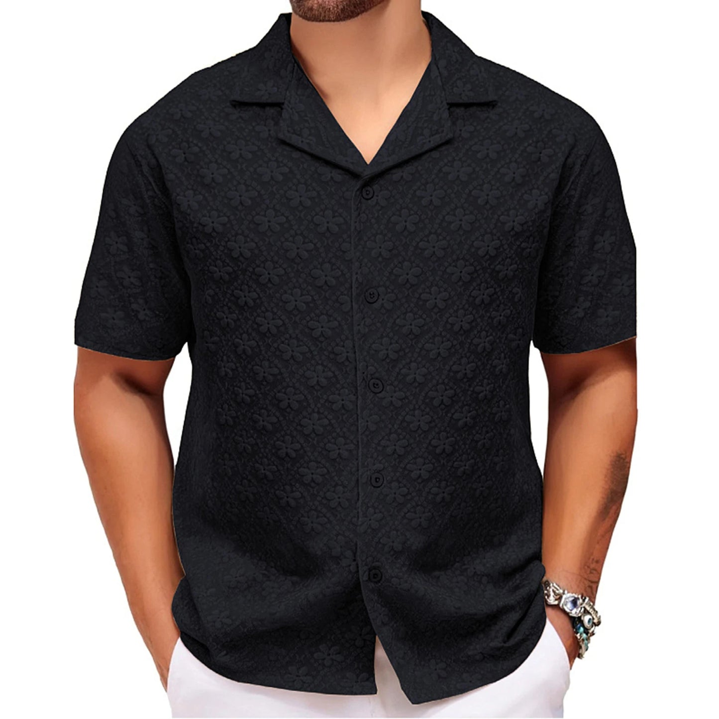 Men s Floral Print Short Sleeve Shirt with Turn-down Collar and Button Closure Perfect for Casual Summer Outfits
