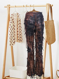 Women s Vintage High Waisted Flare Jeans Pants Retro Tie-Dye Print Bell Bottom Trousers with Fringe Detail for Boho Chic Street