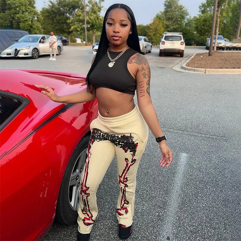 2025 Fall Winter Printed Wide Leg Pants - Fashion Placement Design Pocket Trousers Club outfits for women 2025