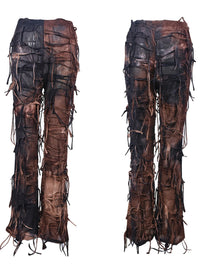 Women s Vintage High Waisted Flare Jeans Pants Retro Tie-Dye Print Bell Bottom Trousers with Fringe Detail for Boho Chic Street